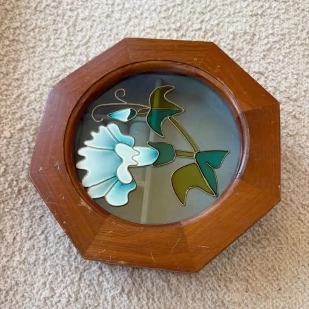 Octagonal Wooden Jewelry Box with Floral Glass Top